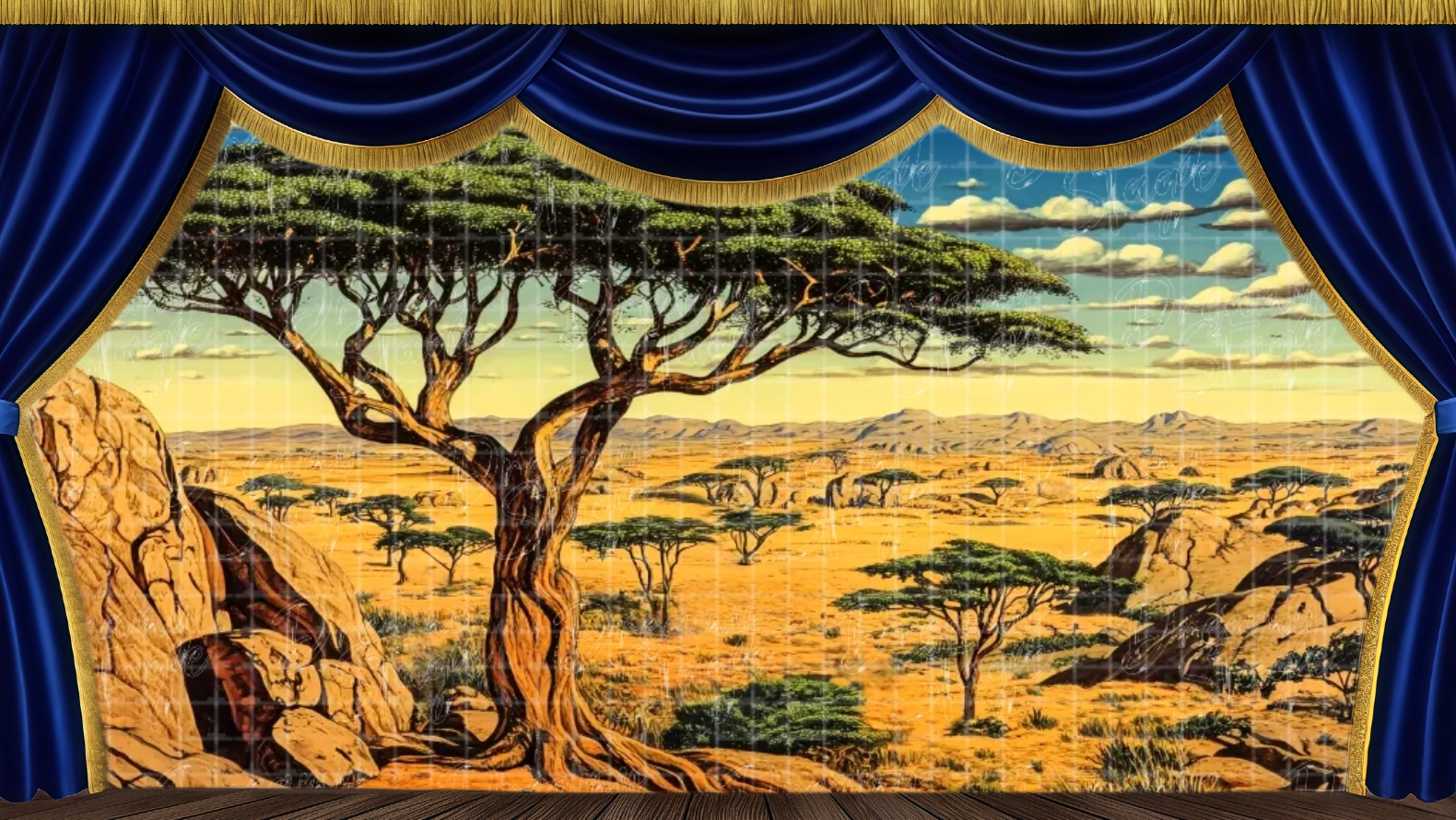 Wide savannah theatrical backdrop featuring a solitary acacia tree and sweeping golden plains. Ideal for transitions, narration scenes, and Lion King-inspired theatre.