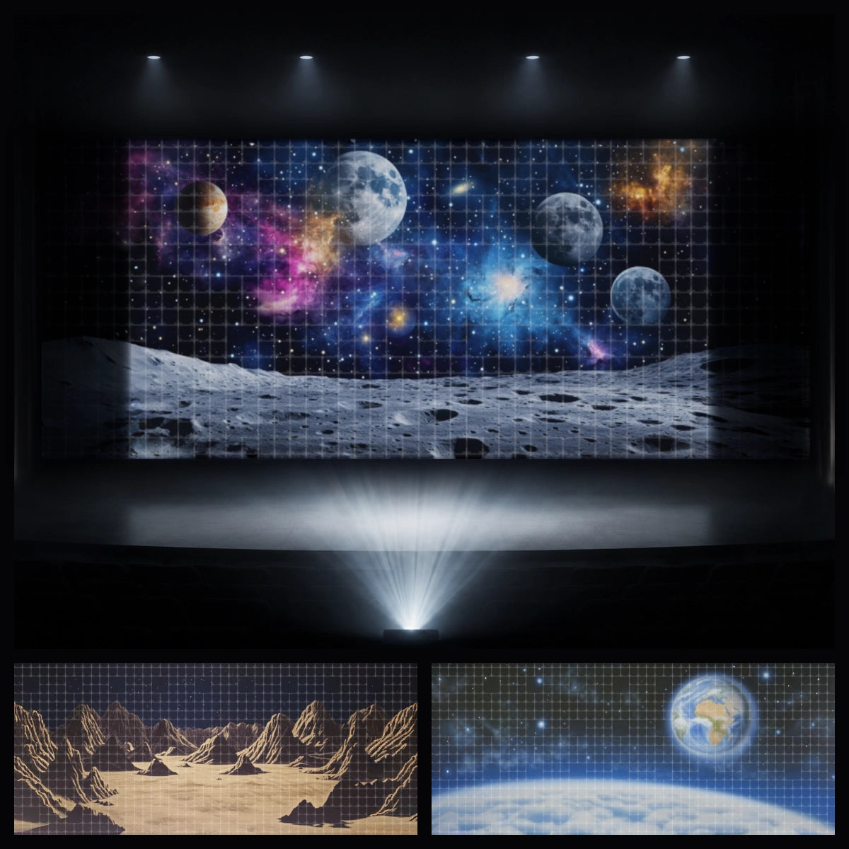 Lunar galaxy mini digital backdrop bundle featuring projected moon landing scenery, rocky lunar landscape, Earth orbit view, and galaxy sky background for instant download stage projection, STEM classroom performances, VBS space events, school science programs, and children’s theatre productions.