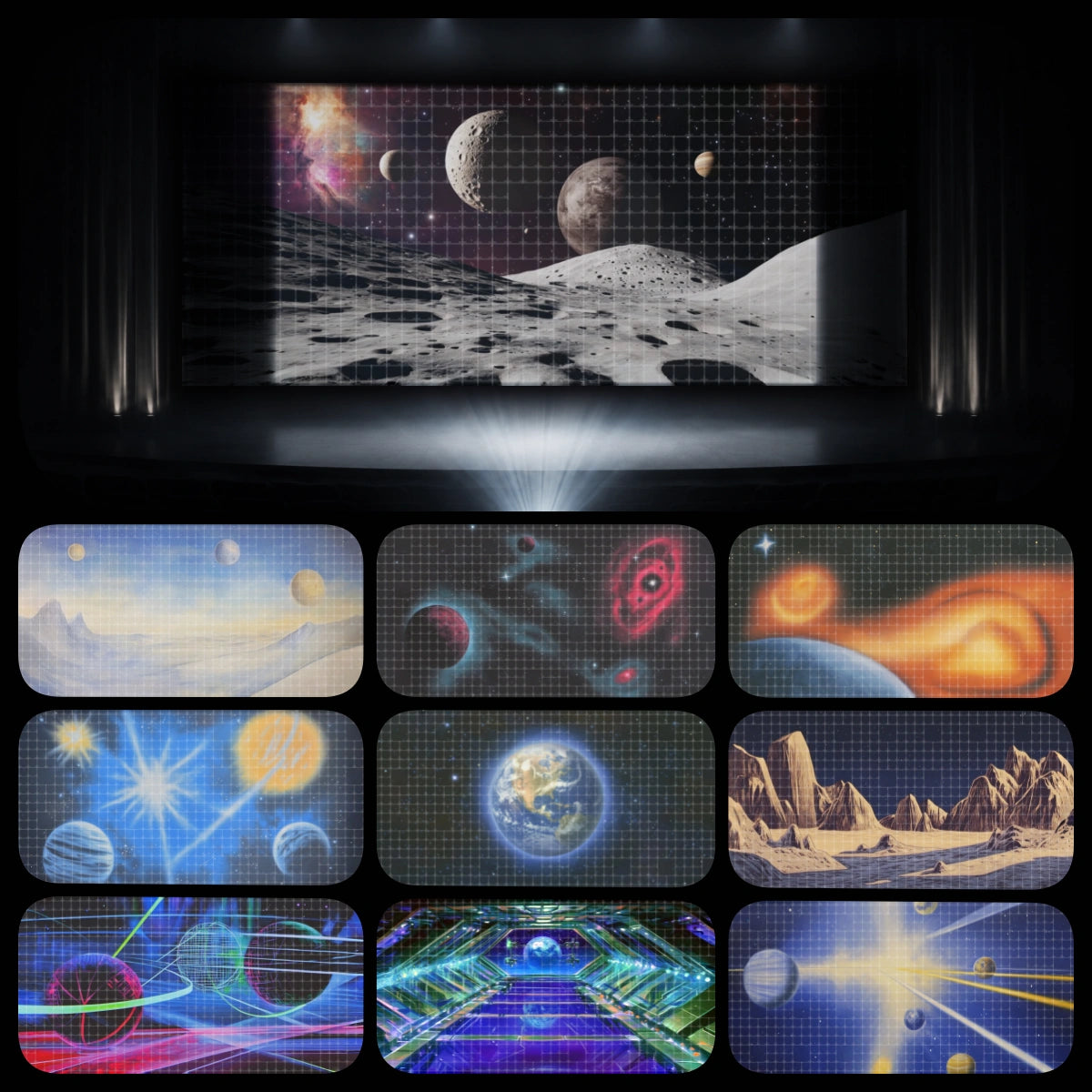 Lunar mission digital backdrop bundle featuring projected moon surface scenery, distant planets, galaxy backgrounds, Earth view, solar system designs, sci-fi tunnel scenery, and space adventure visuals for instant download stage projection, school science events, VBS programs, STEM performances, children’s theatre, and LED screen stage backgrounds.
