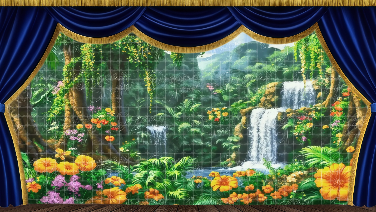 Vibrant jungle oasis backdrop featuring dense foliage and a cascading waterfall. Perfect for Lion King jungle scenes and children’s musical theatre.