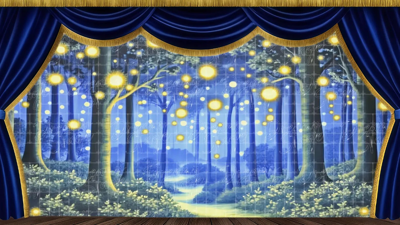 A dreamy enchanted forest filled with tall trees, glowing fairy lights, and soft blue night tones, designed as a mystical stage backdrop for Cinderella, fantasy plays, or dance performances.