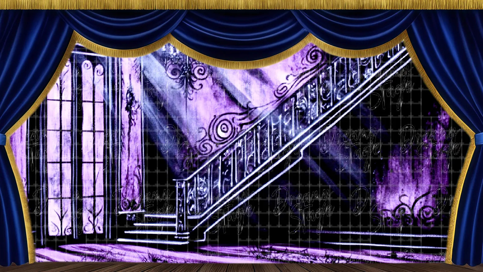 Dramatic purple-lit gothic staircase stage backdrop for haunted musical productions.