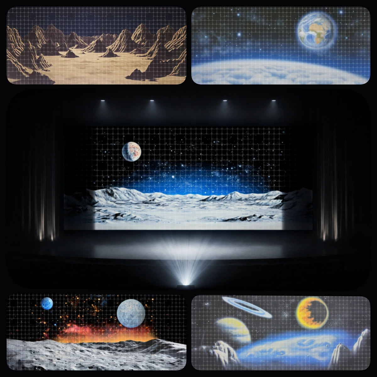 Moon base digital backdrop bundle featuring lunar mountain landscape, Earth orbit view, moon surface projection scene, galaxy horizon, and solar system planet background for instant download stage projection, school science events, VBS space themes, children’s theatre, STEM programs, and church stage screens.