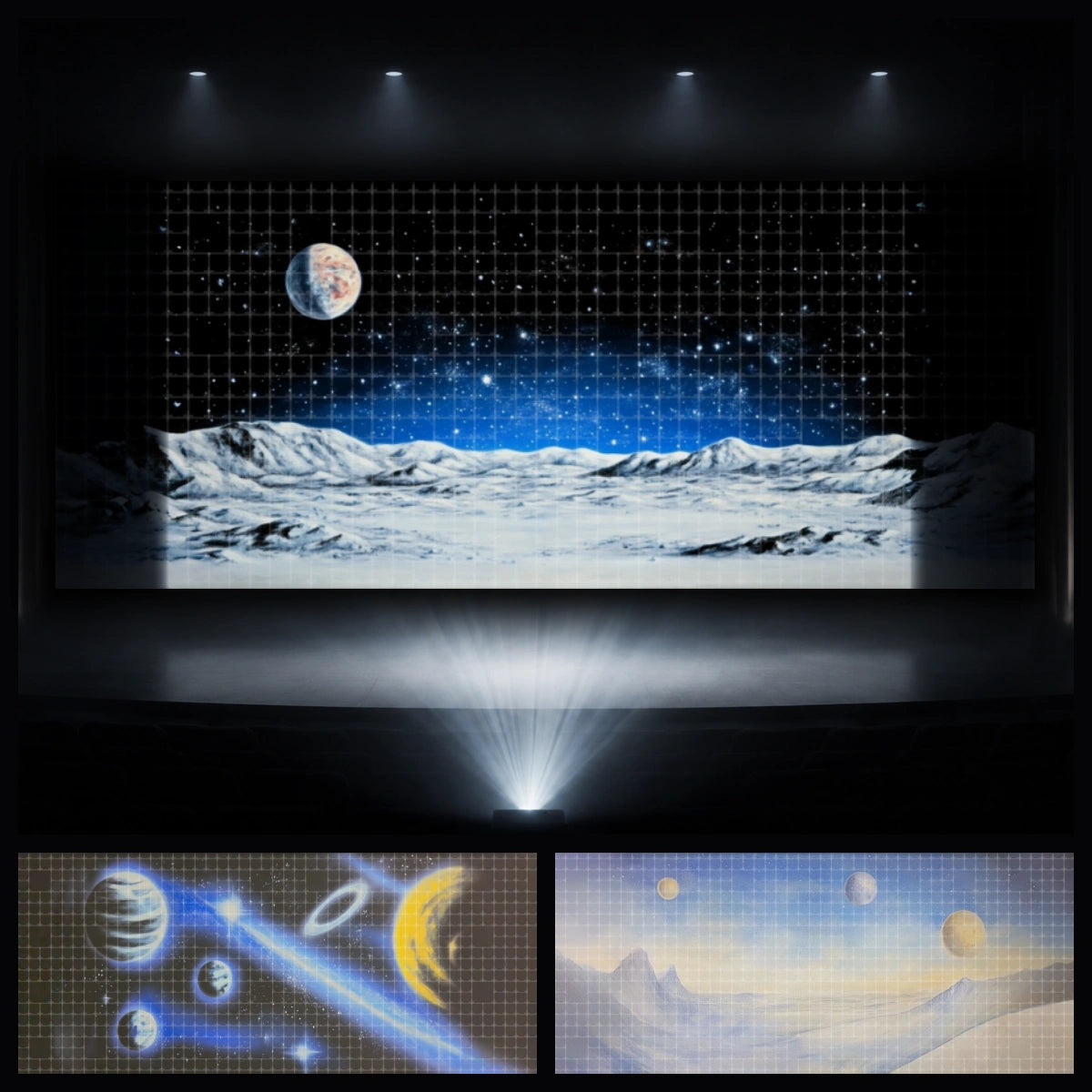 Moon journey mini digital backdrop bundle featuring projected lunar surface scene, blue planet night sky, solar system illustration, and cosmic planet background for instant download stage projection, school science performances, VBS galaxy themes, church kids ministry events, and space-themed theatre scenery.