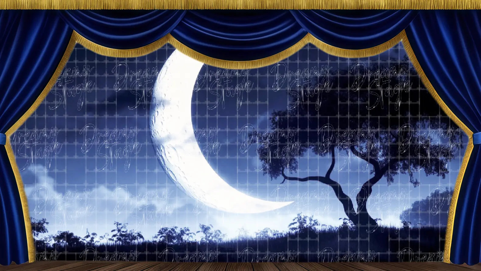 Crescent moon gothic landscape stage backdrop with tree silhouette. Ideal spooky musical transition scene.