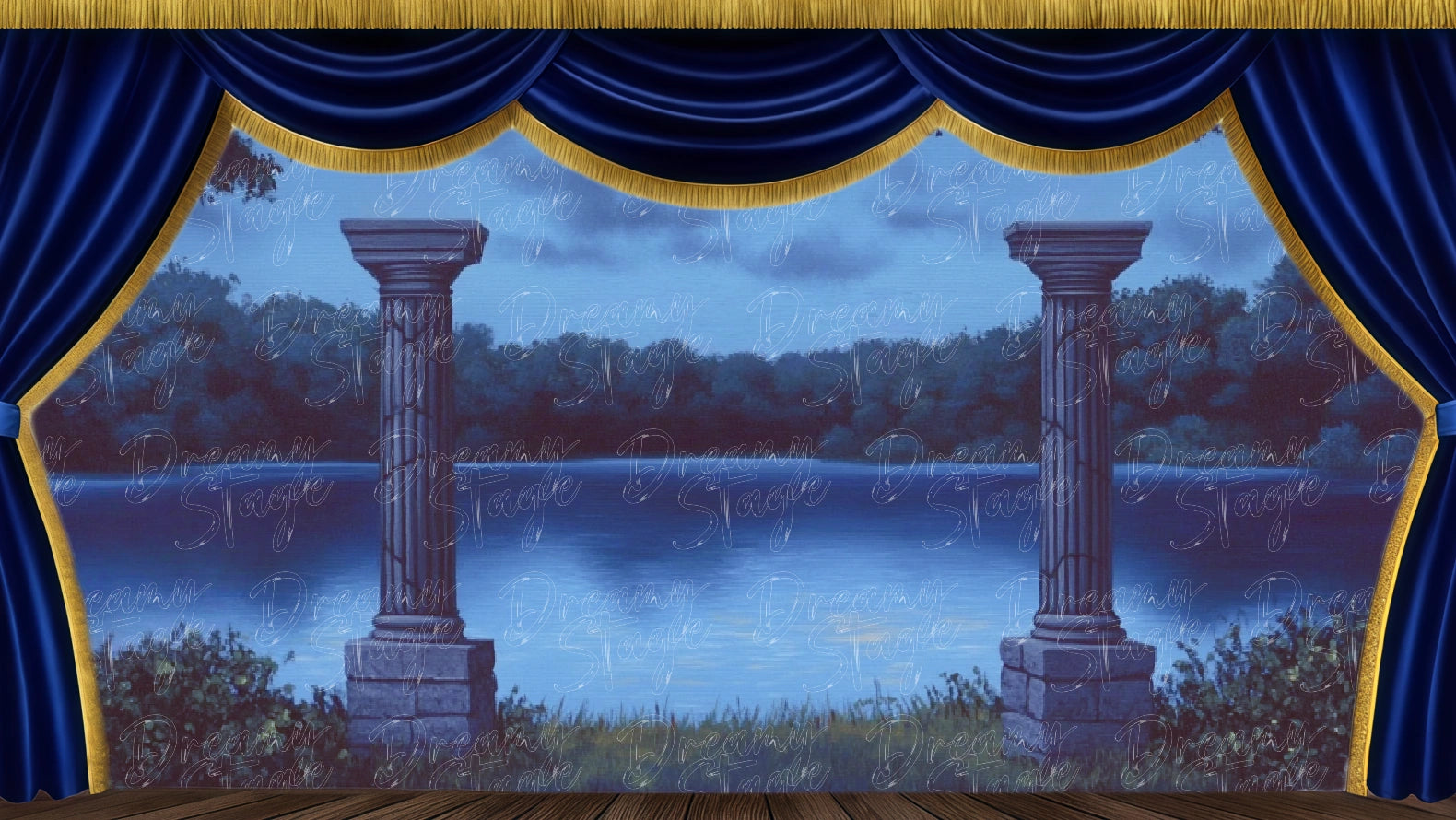 Moonlit lake colonnade backdrop with stone columns for Shakespeare and ballet scenery. Digital stage backdrop for HD projection, virtual scenery, and theatrical use.