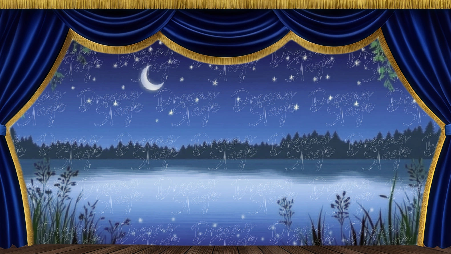 Moonlit lakeside meadow backdrop with reeds and quiet night atmosphere for stage productions.