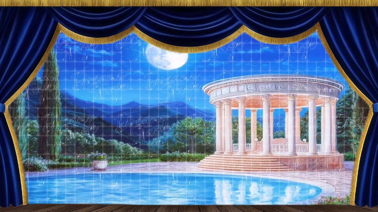 Moonlit pavilion stage backdrop designed for theatrical night scenes, musical theatre, and romantic stage moments.