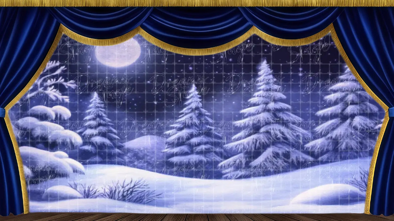 Snowy pine forest under a full moon and starry sky, with soft snow on the ground and trees – ideal for final journey scenes in The Snow Queen or other winter-themed productions