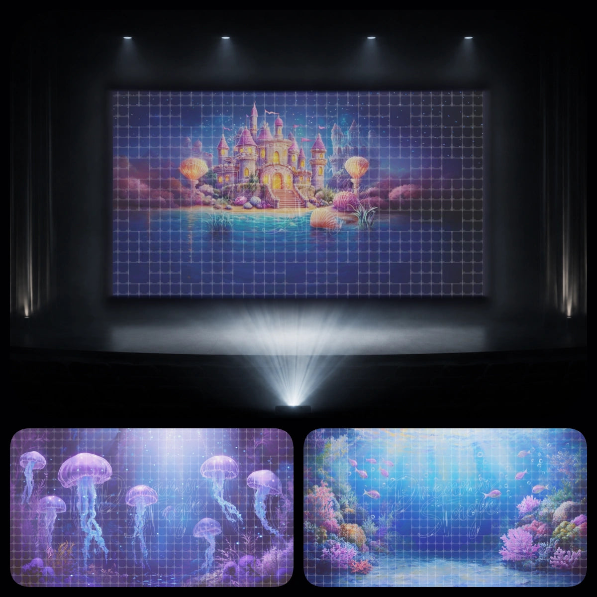 Moonlit shell castle underwater backdrop bundle with glowing jellyfish and coral reef scenery. Designed for under the sea dance recitals, mermaid performances, fantasy ocean scenes, children’s theatre, and lyrical dance projection.