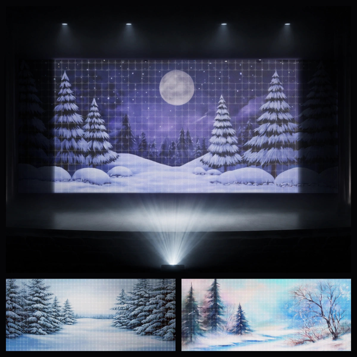 Moonlit Snow Forest mini digital backdrop bundle featuring snowy pine forest, moonlit winter landscape, and frosty woodland stage scenery for instant download projection backgrounds, winter camp programs, VBS snow themes, children’s ministry events, school performances, and holiday theatre productions.