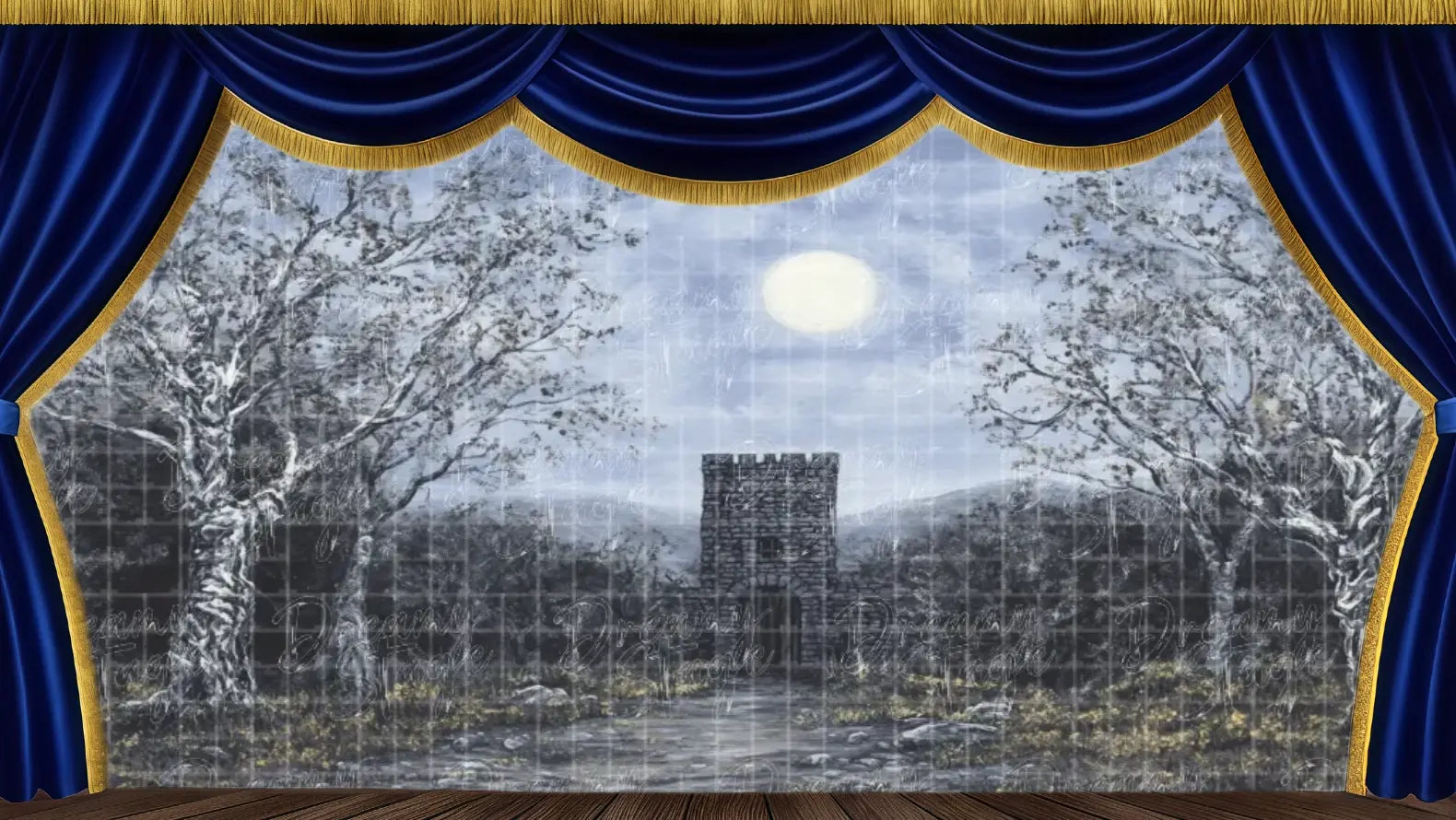 Dark moonlit forest with bare trees and a stone tower, ideal for eerie or tense scenes in The Snow Queen ballet or fairytale plays involving robbers or nighttime danger