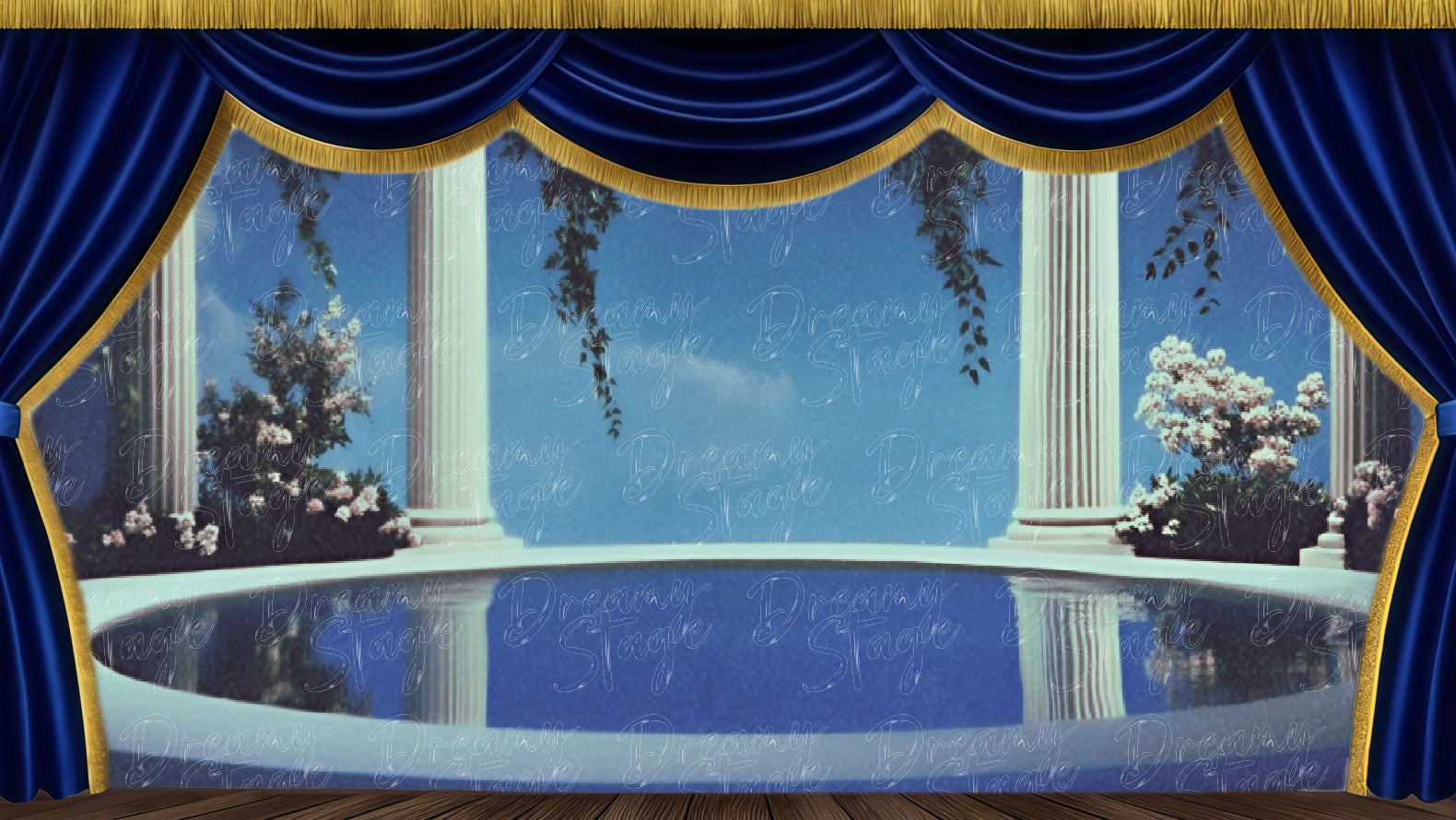 Moonlit terrace pool backdrop with columns and hanging vines for romantic fantasy stage scenes. Digital stage backdrop for HD projection, virtual scenery, and theatrical use.