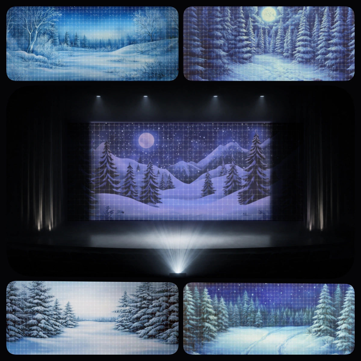 Mountain Challenge essential digital backdrop bundle featuring snowy mountain forest, winter castle, alpine landscape, frozen field, and moonlit snow scenery for instant download stage projection, Snowball Mountain Challenge events, children’s theatre, youth performances, church winter programs, and school holiday shows.