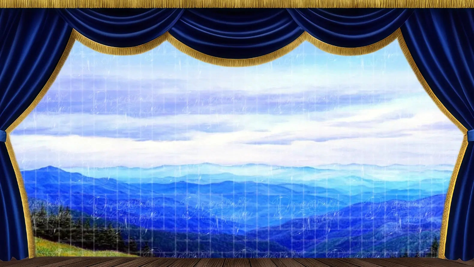 Distant mountain horizon stage backdrop for musical theatre and scenic storytelling on stage.