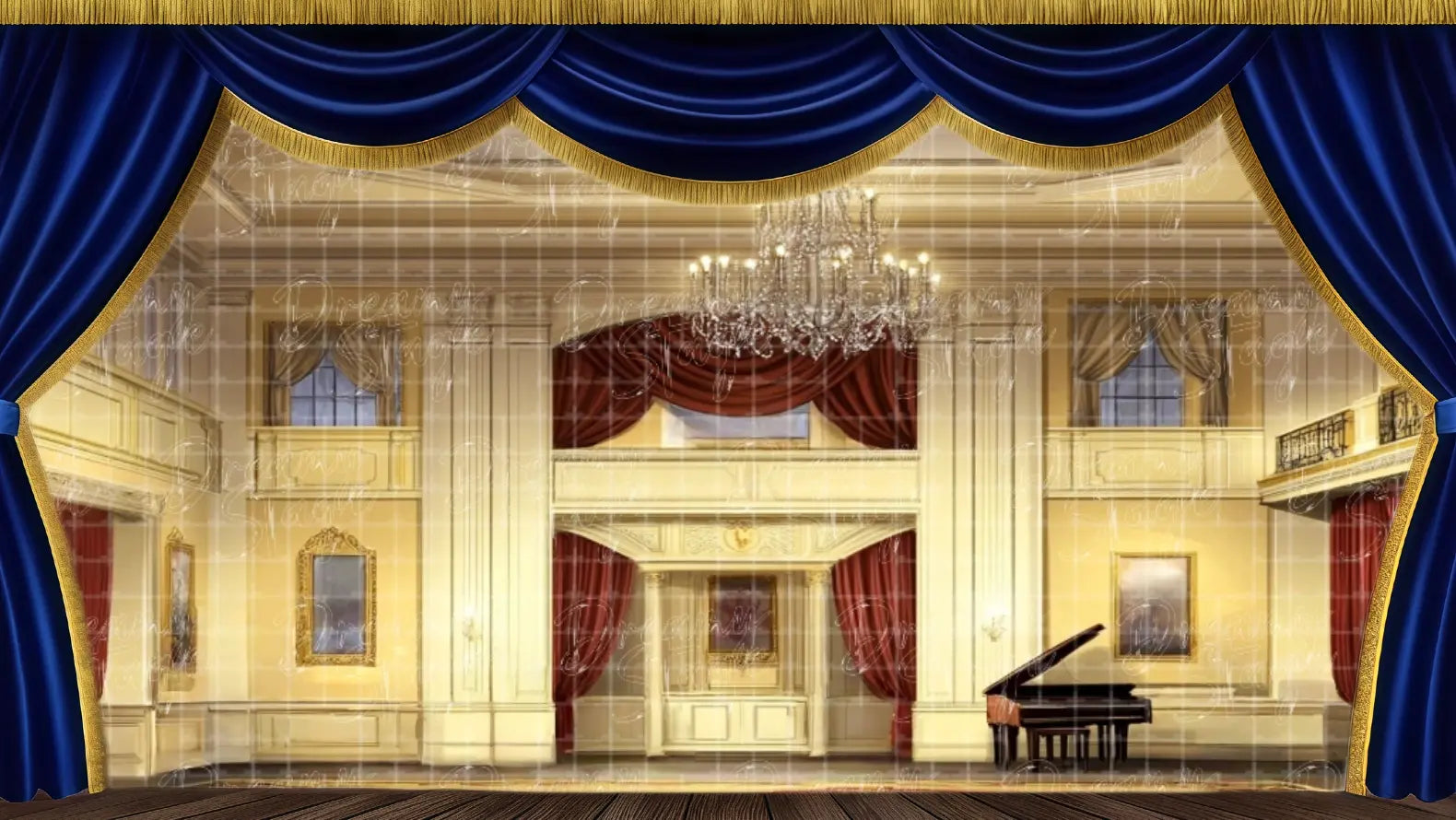 Music hall stage backdrop with piano setting, ideal for musical theatre scenes and performance-based stage productions.