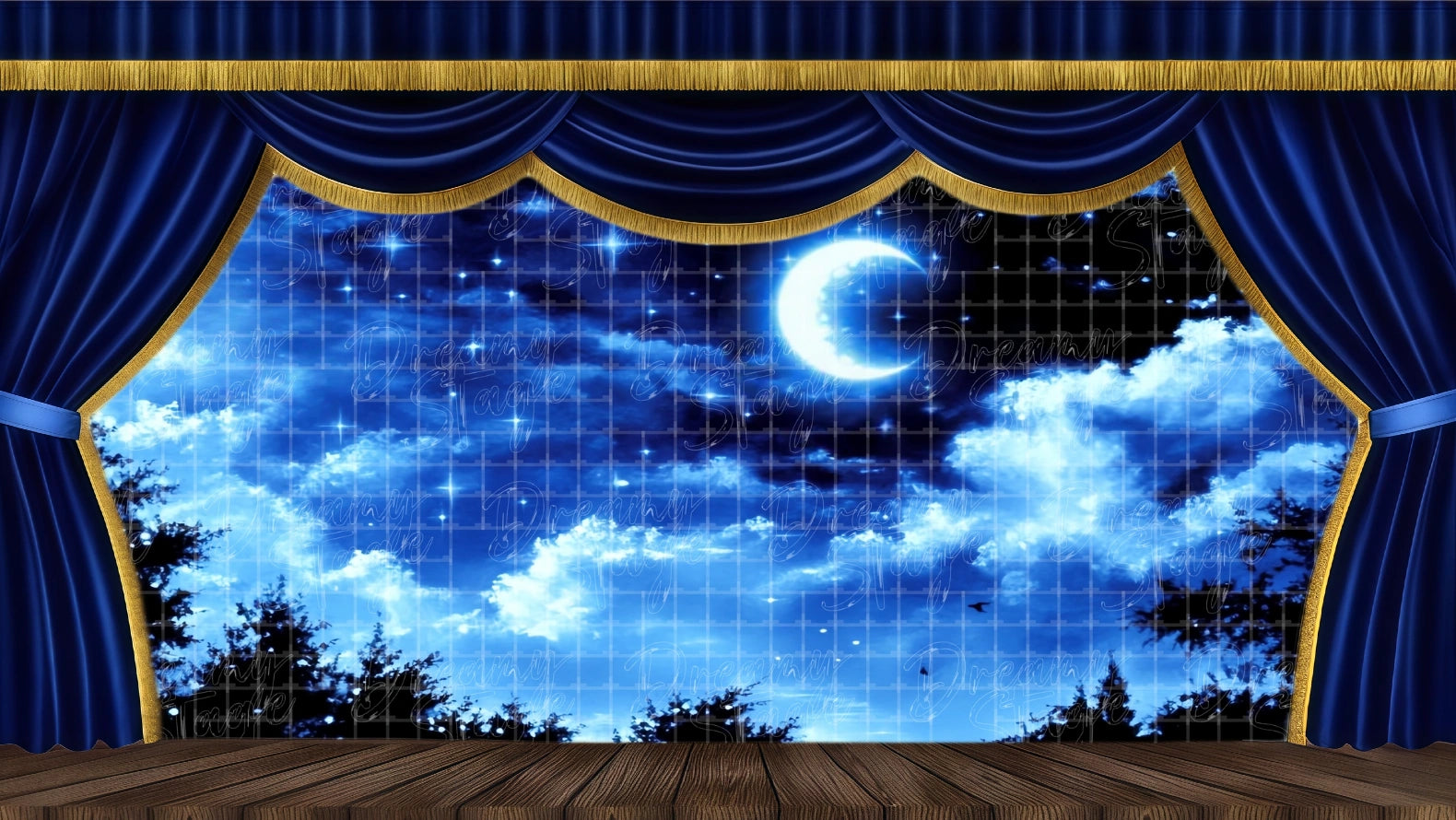 Dramatic Starry Moonlight Sky theatrical drop with large crescent moon and dark pine silhouettes. Essential stage scenery for Swan Lake ballet and holiday productions. Available in Microfiber, Outdoor Linen, and Theatre-Certified Fabric.