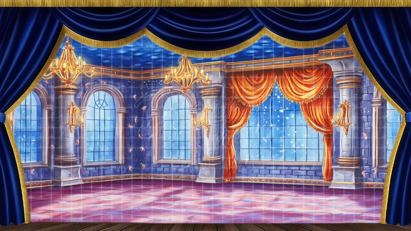 Gold palace drapes with sea view. Ideal for coronation or ballroom dances.