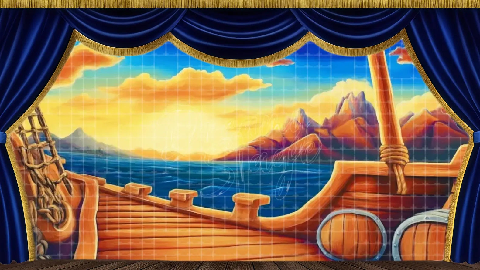 View from ship deck overlooking sunset. Great for transition scenes in mermaid & pirate musicals.
