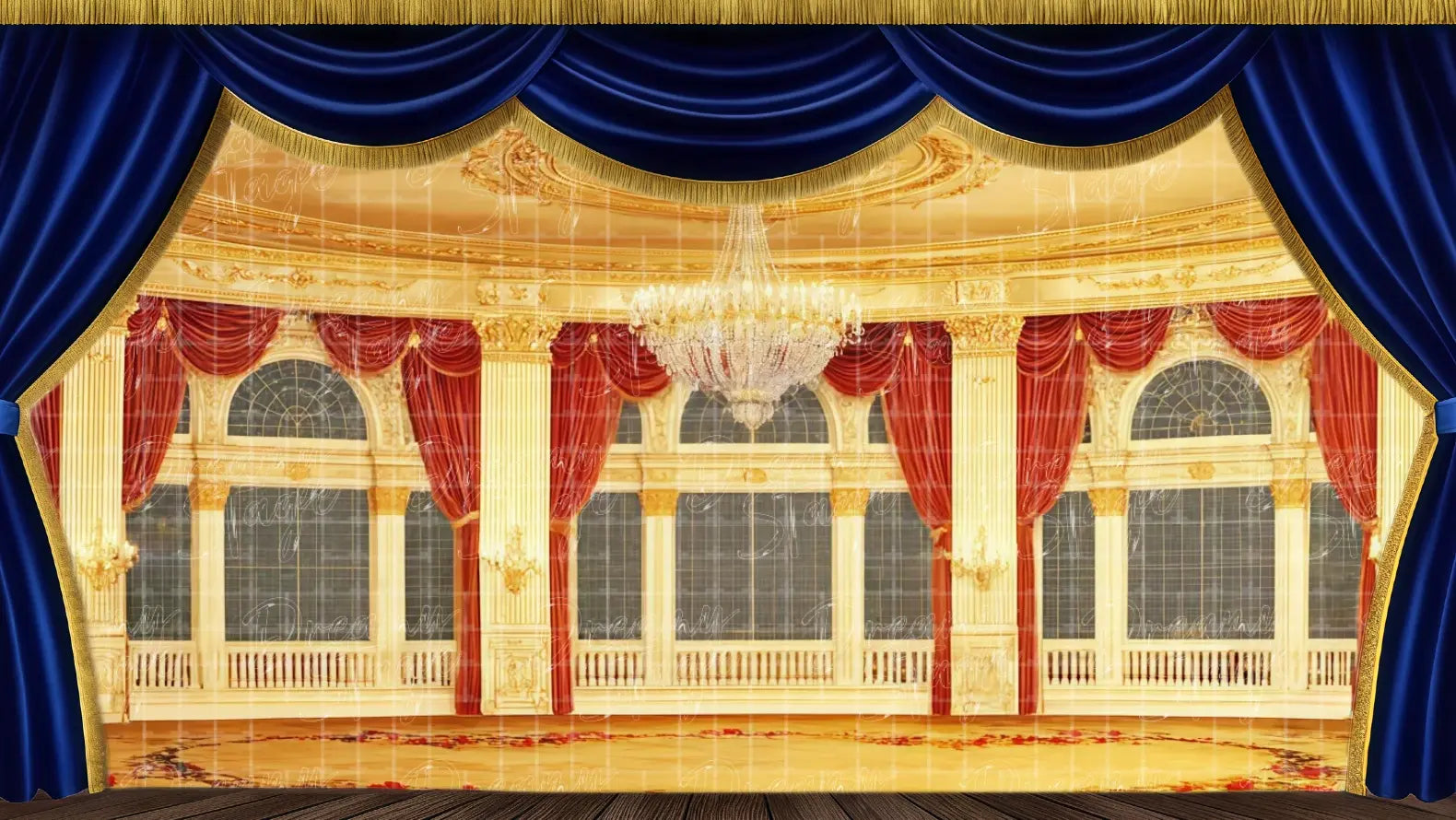 Grand oval palace interior with gold columns, red curtains, and arched windows, designed as an elegant ballroom stage backdrop for Cinderella or royal dance scenes.