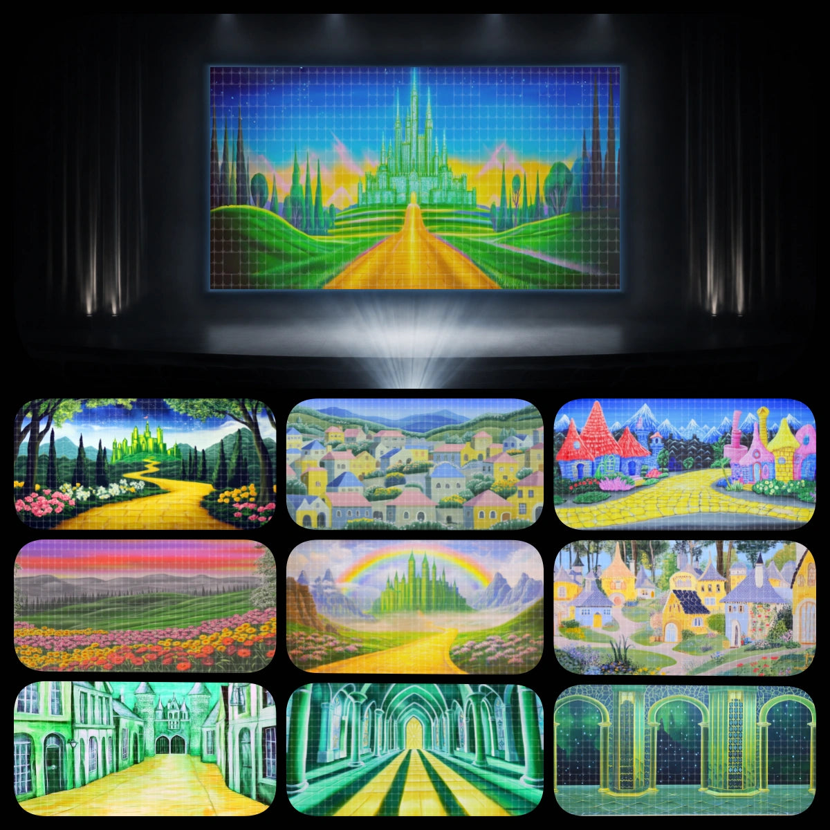 Oz Adventure Complete Digital Backdrop Bundle with Emerald Castle Yellow Road Fantasy Town and Magical Stage Scenery