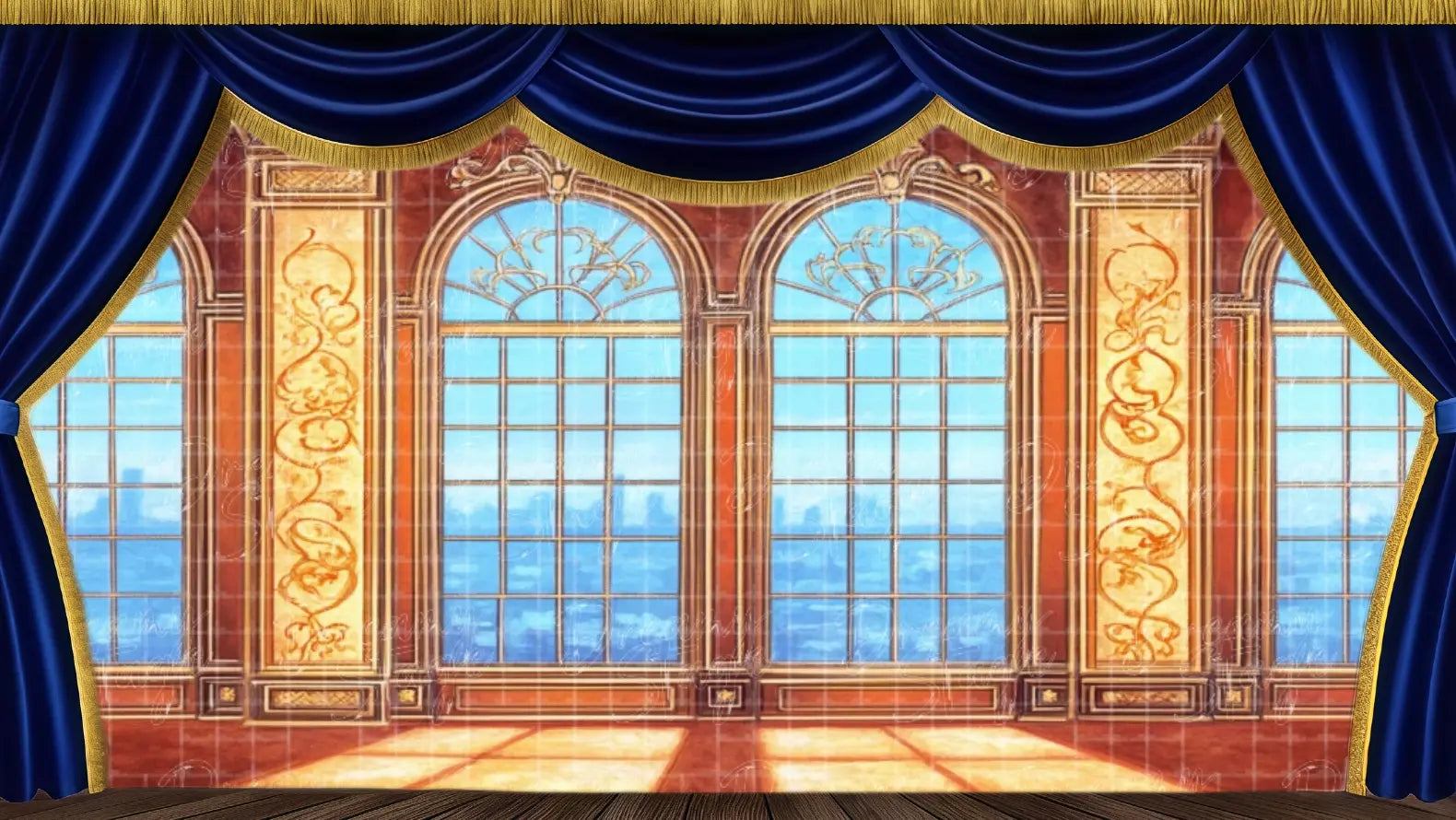 Elegant palace window interior stage backdrop for musical theatre productions and refined stage scenery.