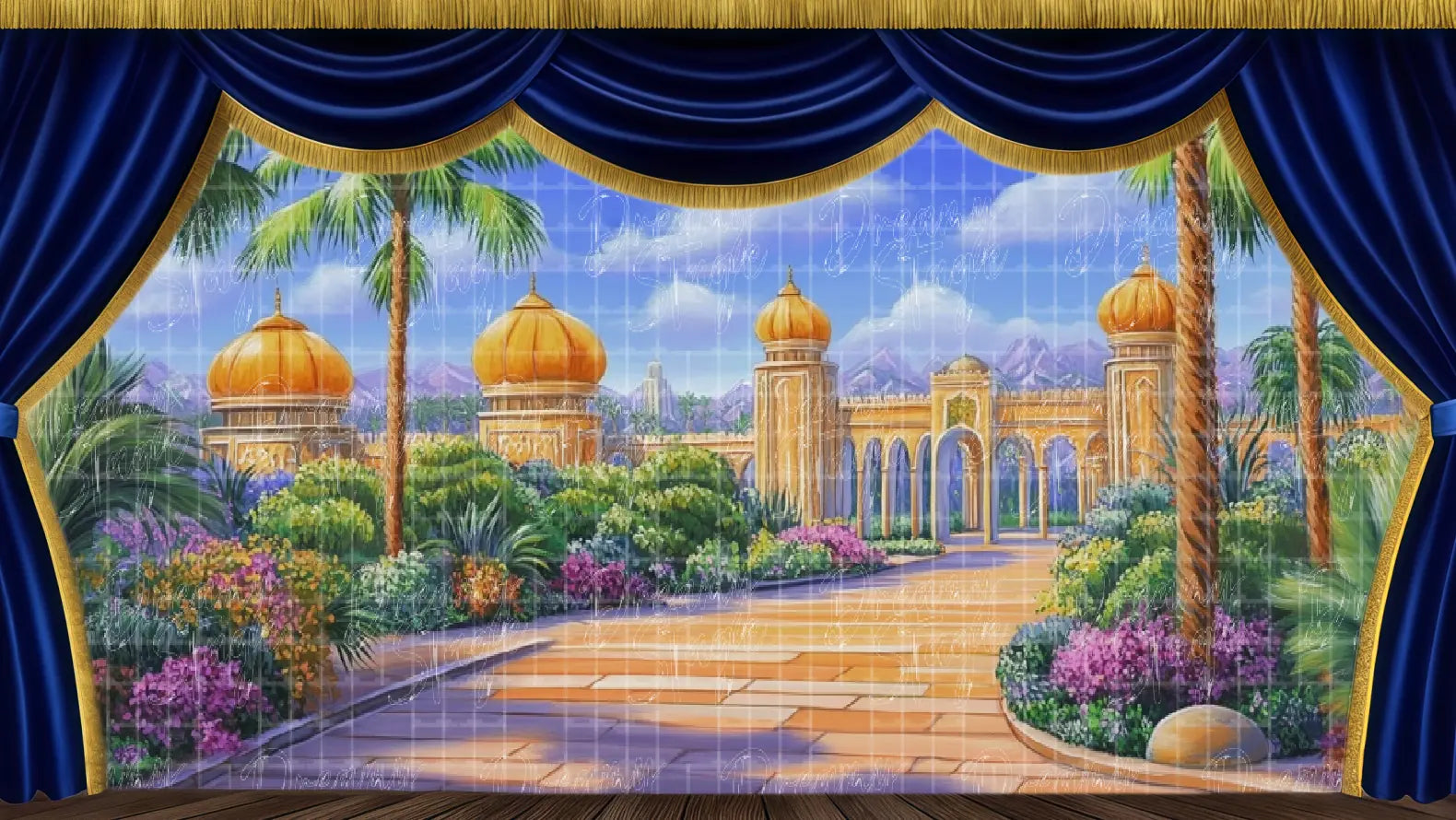 Arabian oasis garden stage backdrop for school theatre productions.