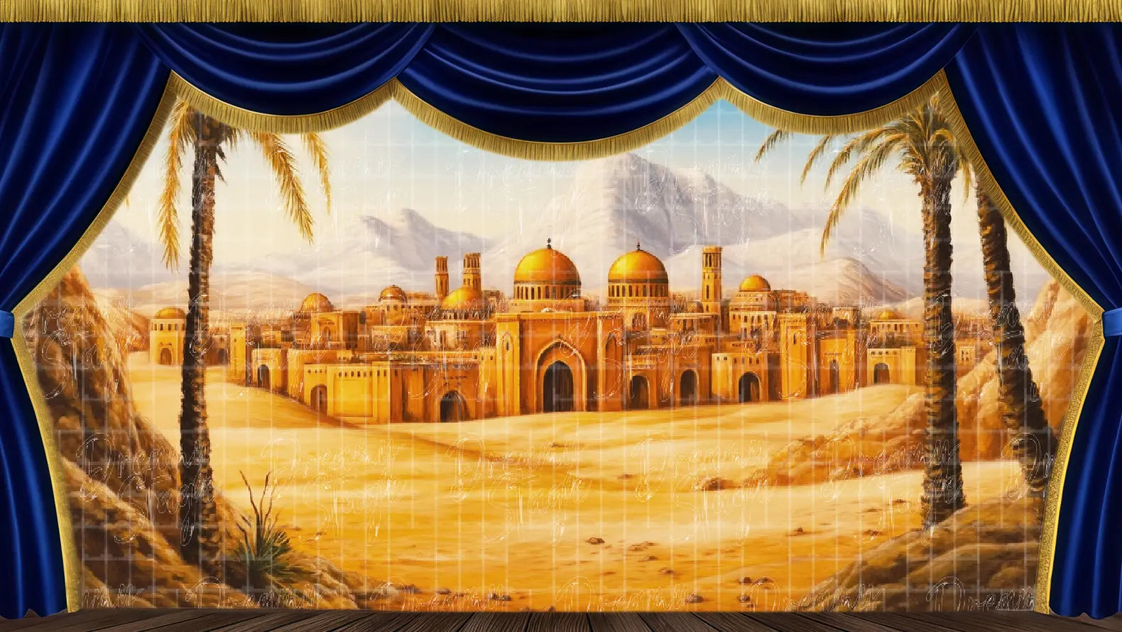 Arabian desert oasis city stage backdrop ideal for Middle Eastern themed musical productions.