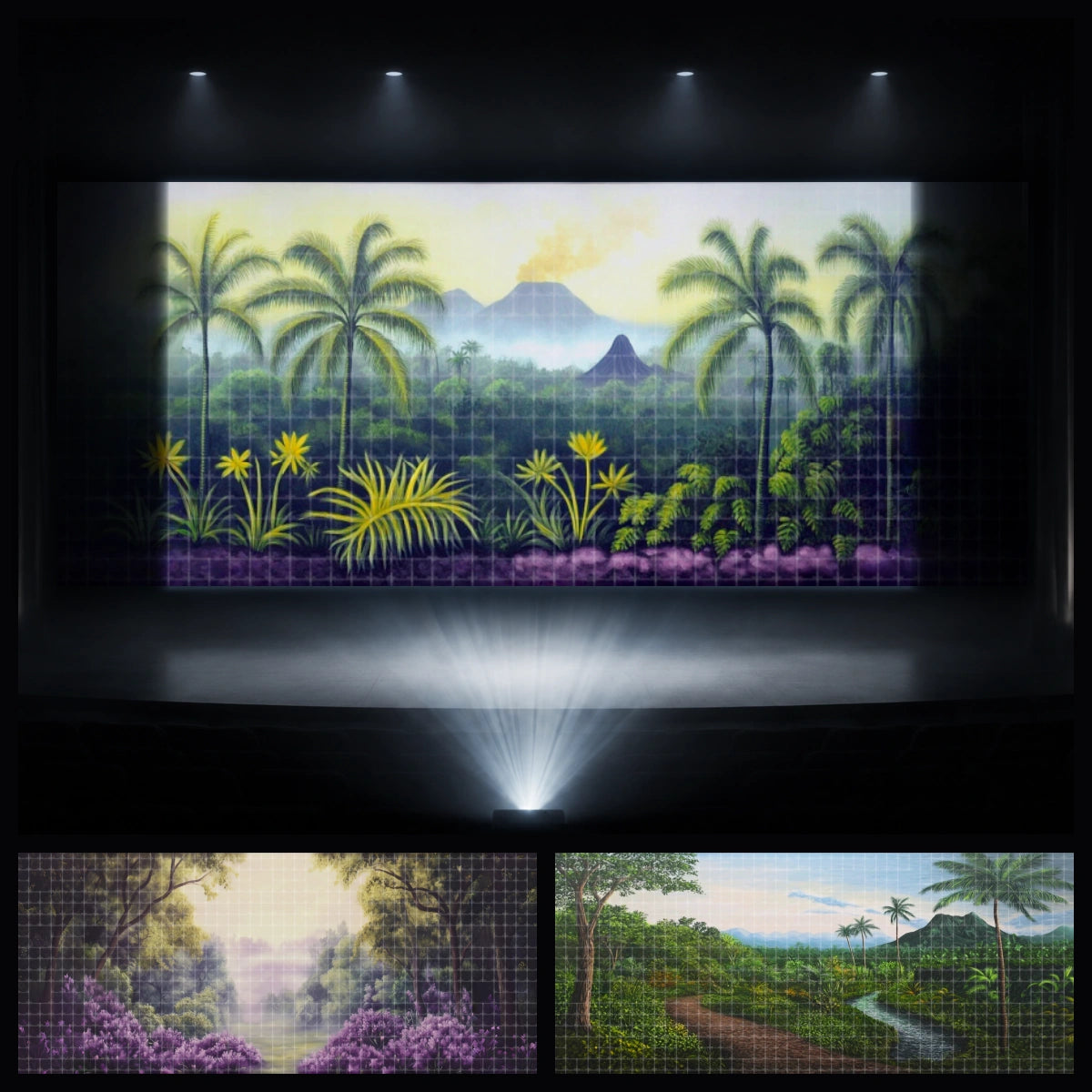 Palm Valley essential digital backdrop bundle featuring tropical palm forest, swamp scenery, jungle lake view, and rainforest island landscape for instant download stage projection, VBS tropical themes, church kids ministry, school theatre, dance recitals, summer camp programs, and children’s performances.