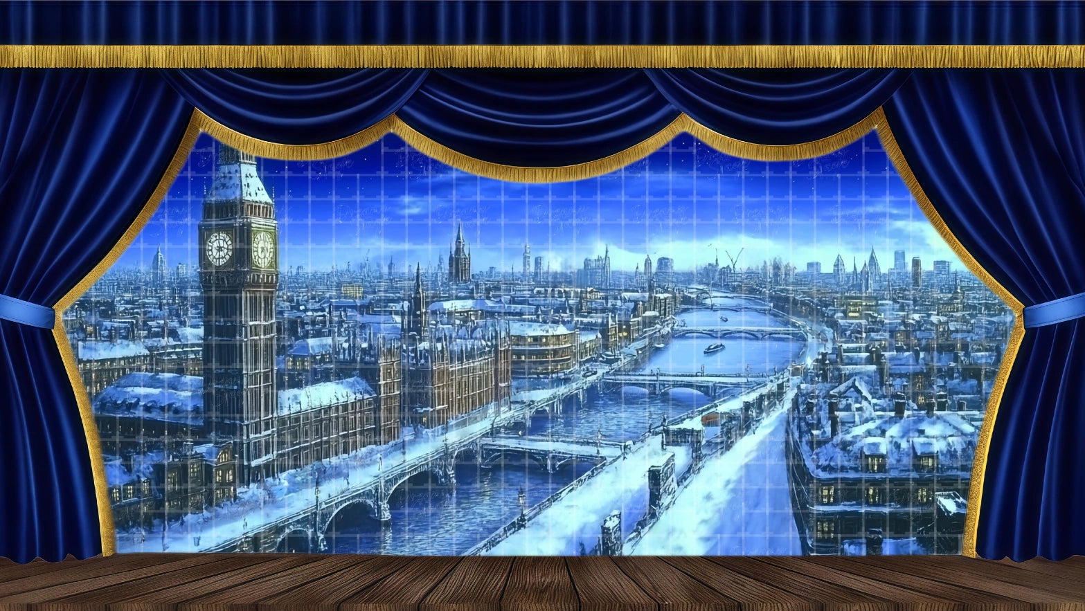 Epic, high-resolution panoramic London skyline theatrical backdrop for A Christmas Carol. Features the Big Ben, Houses of Parliament, and Thames river under heavy snow. Ideal for Act 2 Ghost Vision or Flyover scenes.