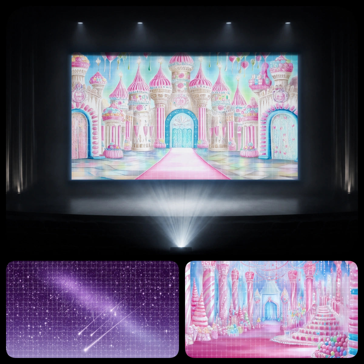 Pastel candy palace dance recital backdrop bundle with pink castle interiors, sugar palace scenes, and starry sky backgrounds for Candyland stage performances.