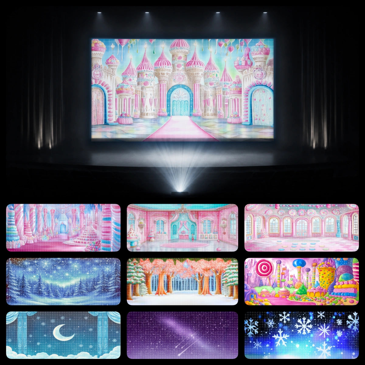 Pastel sugar palace dance recital backdrop bundle featuring candy castle interiors, lollipop land scenery, winter sparkle skies, and sweet holiday stage backgrounds.