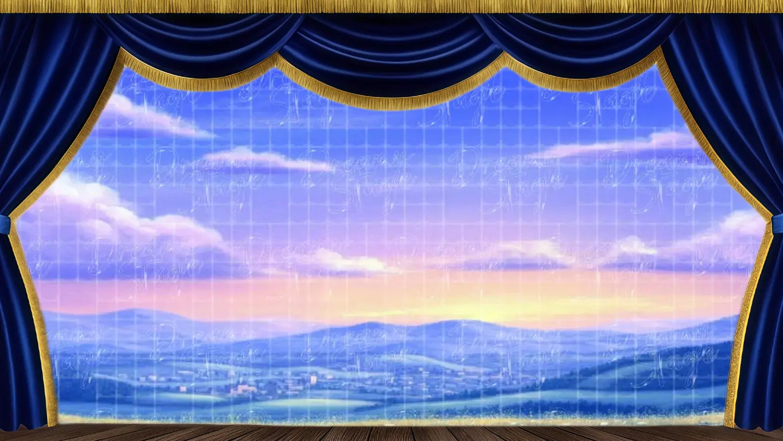 Scenic sunrise over rolling hills, wildflowers, and a distant town nestled in the valley – ideal for hopeful transitions in The Snow Queen or other fairytale stage productions