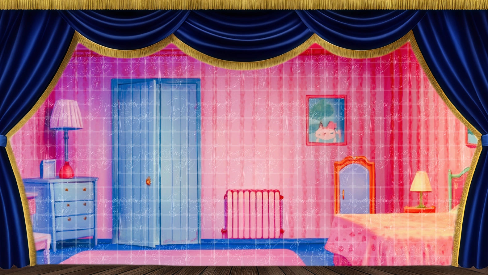 Teen bedroom backdrop ideal for Footloose character scenes. Digital stage backdrop for HD projection, virtual scenery, and theatrical use.