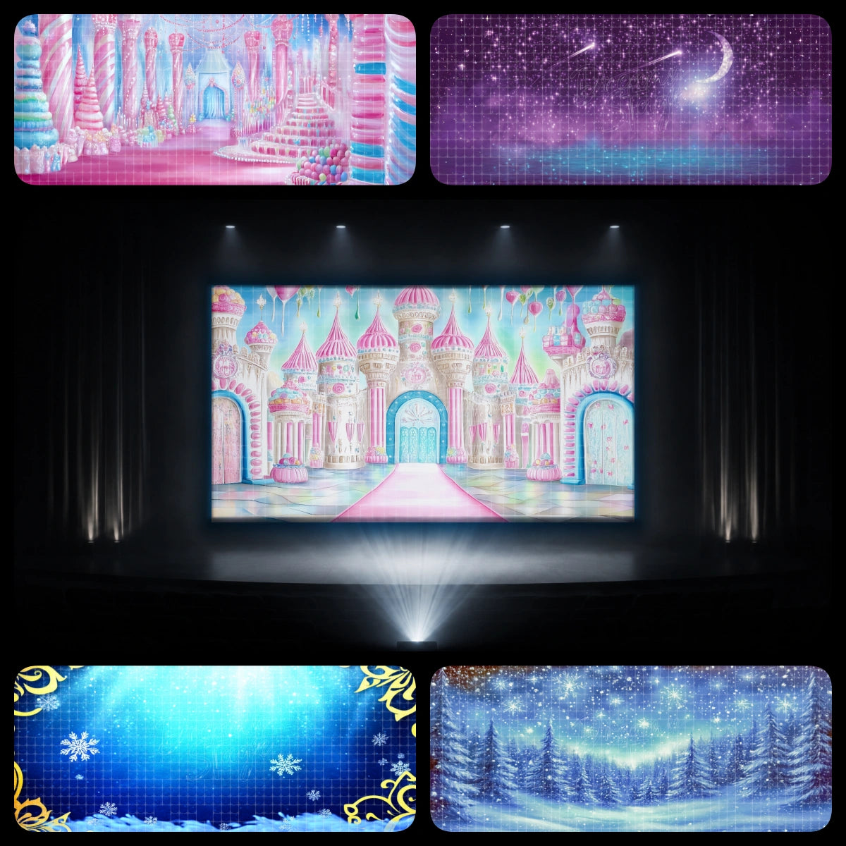 Pink candy castle dance recital backdrop bundle featuring pastel palace scenes, snowy candy forests, starry night skies, and winter Candyland backgrounds for recital staging.