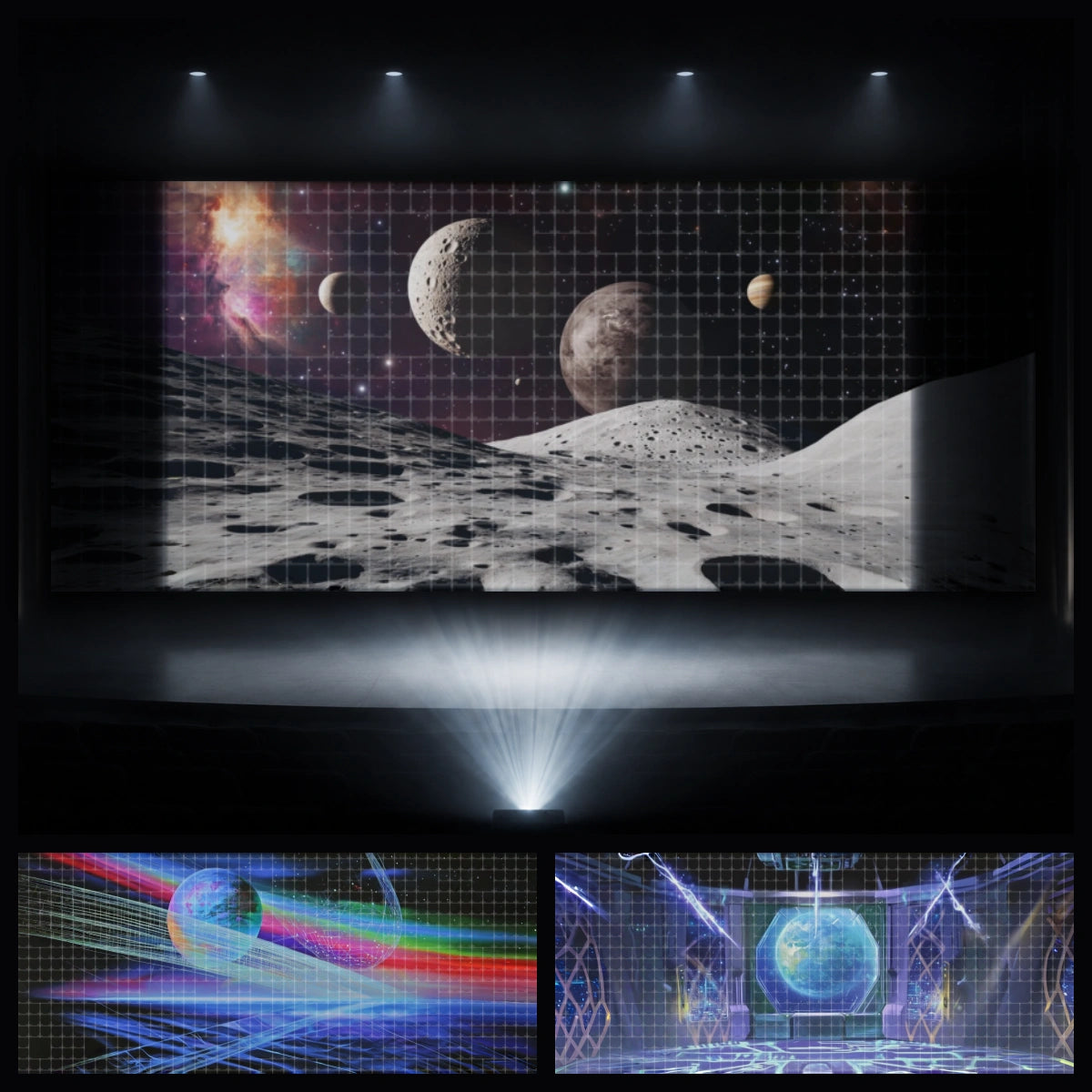 Planetary mission mini digital backdrop bundle featuring projected moon surface landscape, futuristic space tunnel, colorful planet graphics, and cosmic galaxy background for instant download stage projection, STEM events, VBS space adventures, LED screen displays, school performances, and children’s theatre.