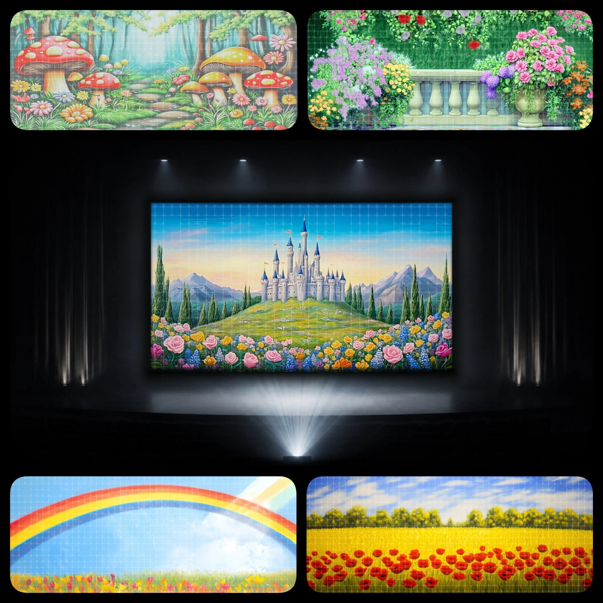 Princess garden mini dance recital bundle with mushroom forest, floral terrace, fairytale castle, rainbow sky, and poppy field backdrops for ballet, lyrical dance, fairy performances, and spring recitals.