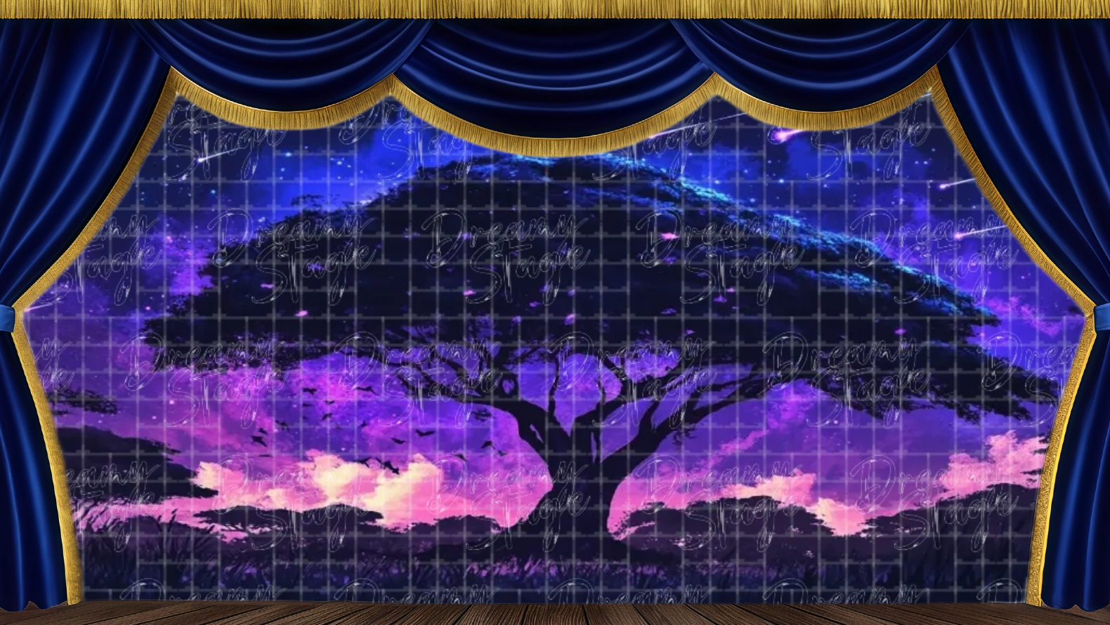 Mystical twilight savannah backdrop with purple sky, stars, and acacia silhouette. Excellent stage backdrop for dream sequences and Lion King night scenes.