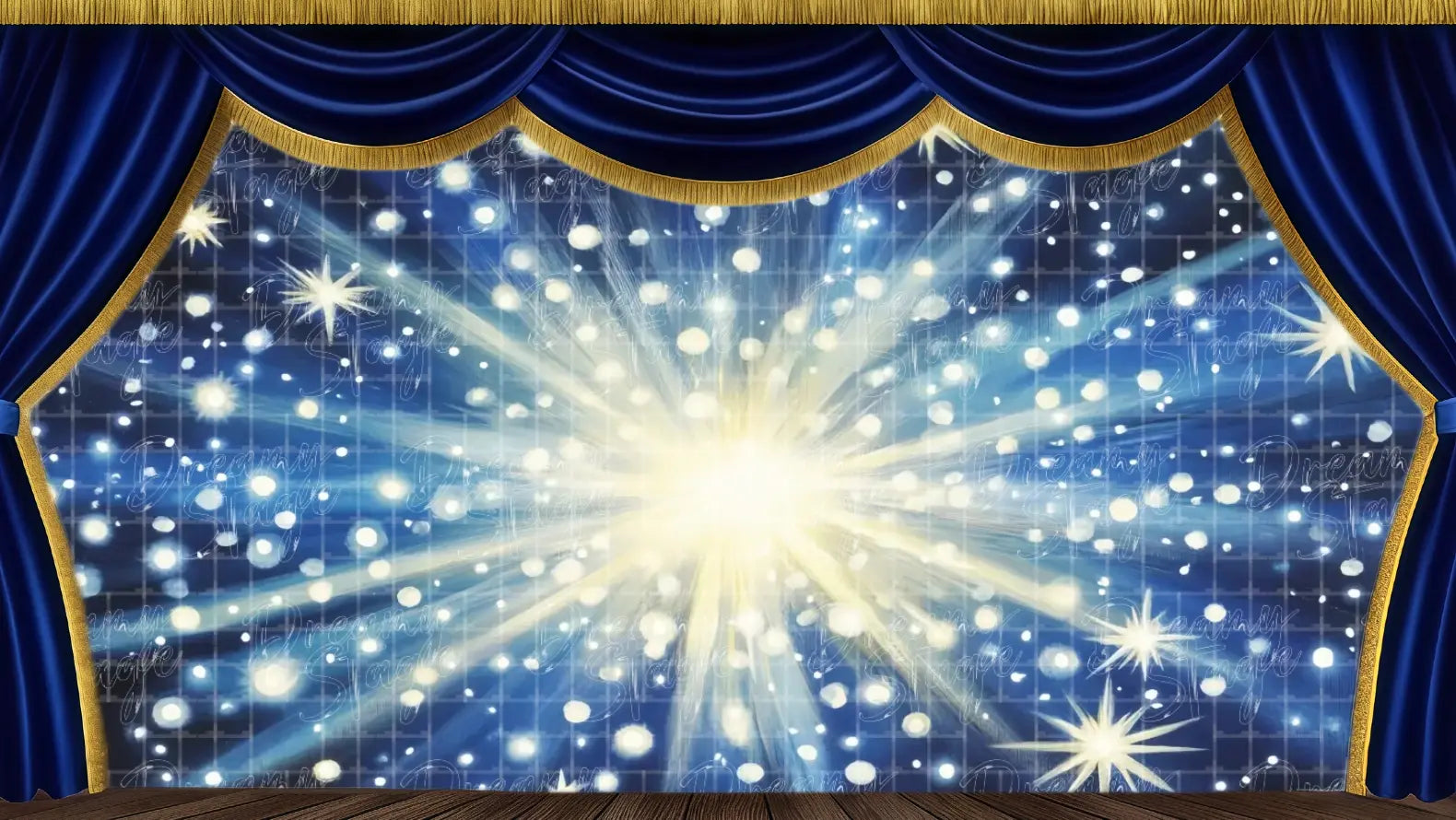 A dazzling burst of light surrounded by countless stars on a deep blue sky, perfect as a transformation or spell-casting stage backdrop for Cinderella’s magic moment.
