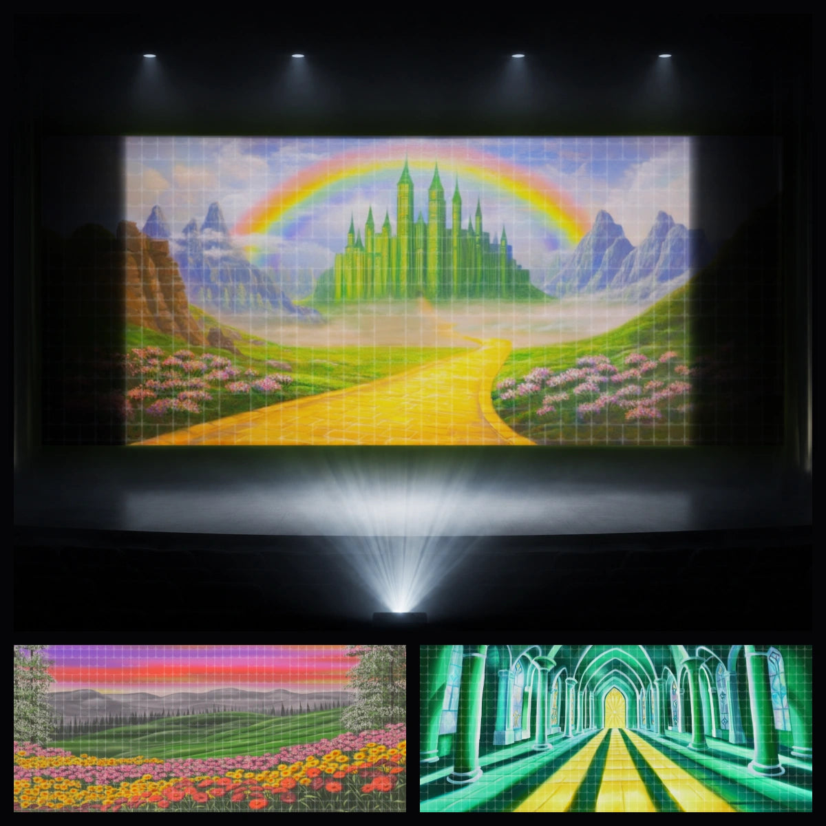 Rainbow City mini digital backdrop bundle featuring an Emerald City castle under a rainbow, flower field, and green palace hall for instant download stage projection, Wizard of Oz inspired productions, school musicals, children’s theatre, youth performances, and fairy tale stage scenery.