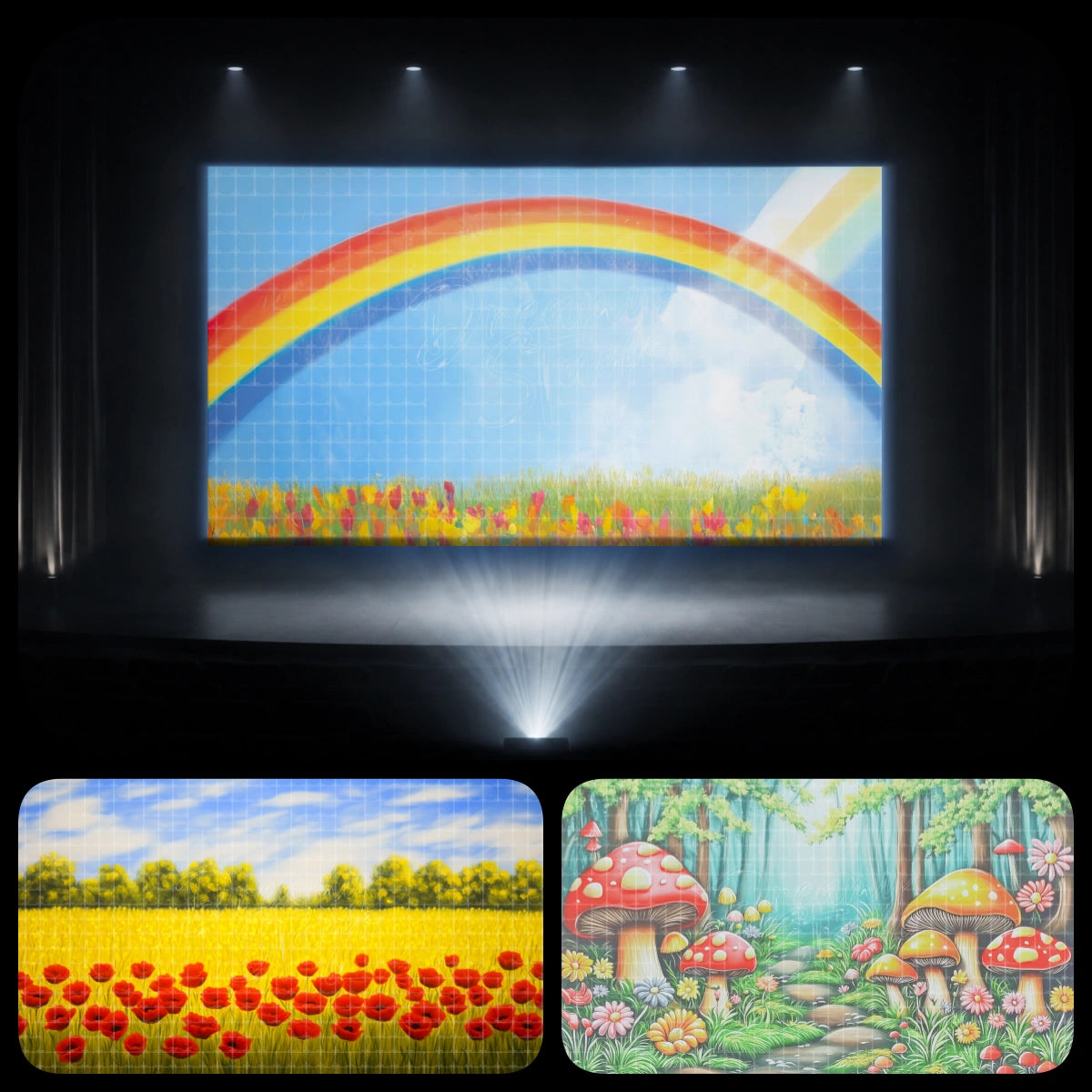 Rainbow garden mini dance recital bundle featuring a rainbow sky, poppy flower field, and enchanted mushroom forest for children’s ballet, fairy garden dance themes, spring recitals, and school performances.