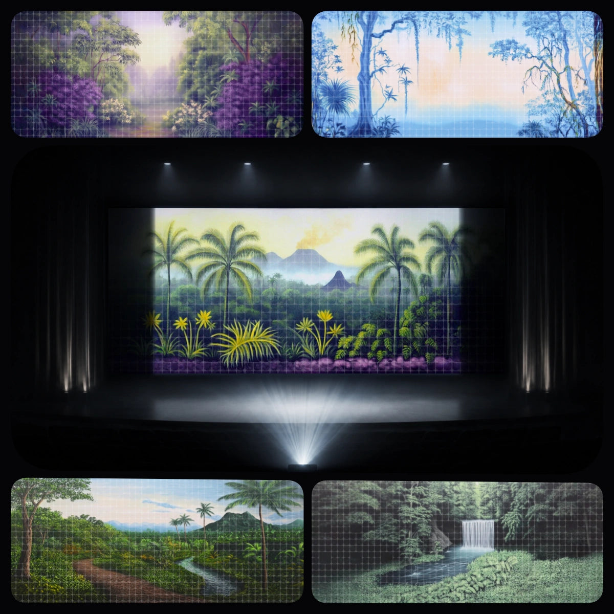 Rainforest Adventure essential digital backdrop bundle featuring tropical waterfall scenery, jungle valley, forest path, lake landscape, and blue night palm view for instant download projection, VBS adventure themes, church kids ministry, school performances, children’s theatre, and summer camp stage events.