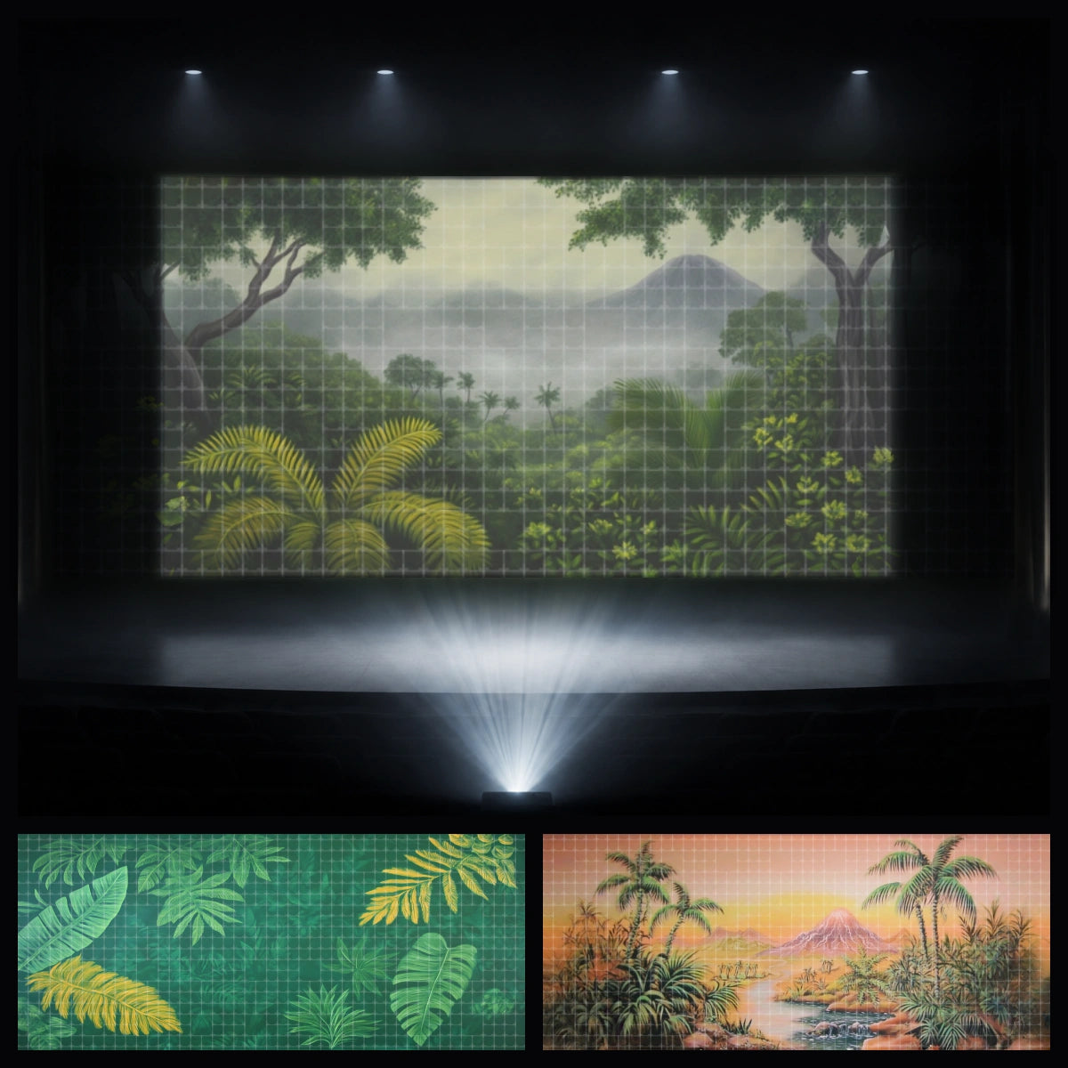 Rainforest Explorer mini digital backdrop bundle featuring a projected jungle valley, tropical leaf background, and sunset rainforest landscape for instant download stage projection, VBS jungle themes, church kids ministry, school plays, children’s theatre, summer camp events, and tropical adventure productions.