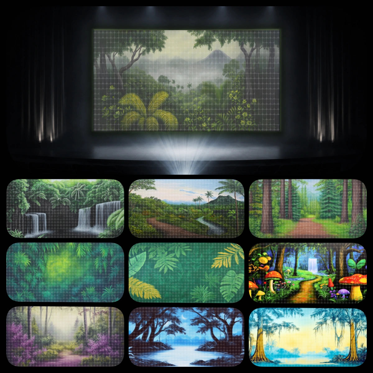 Rainforest Falls complete digital backdrop bundle featuring misty rainforest scenery, tropical waterfall, jungle trail, palm forest, lake view, fantasy garden path, and adventure forest backgrounds for instant download stage projection, VBS Rainforest Falls programs, school theatre, children’s performances, church events, and summer camp productions.