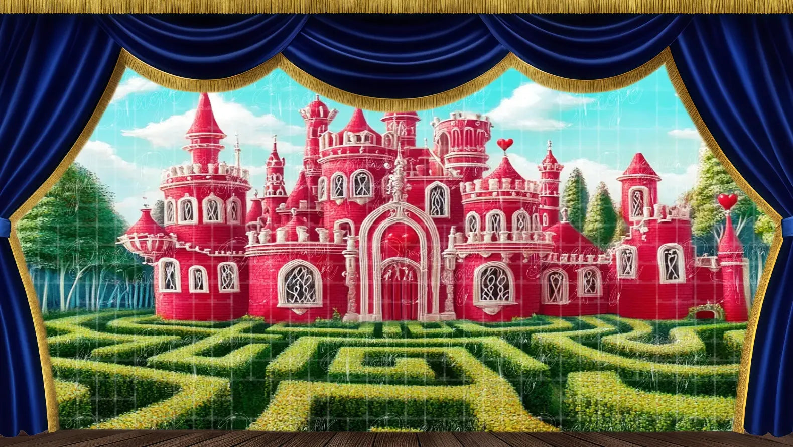Red palace castle stage backdrop with a sculpted hedge maze in classic Wonderland style. Perfect theatrical backdrops for Queen of Hearts scenes, chase moments, and fantasy musicals. Available in Microfiber, Outdoor Linen, and Theatre-Certified Fabric.