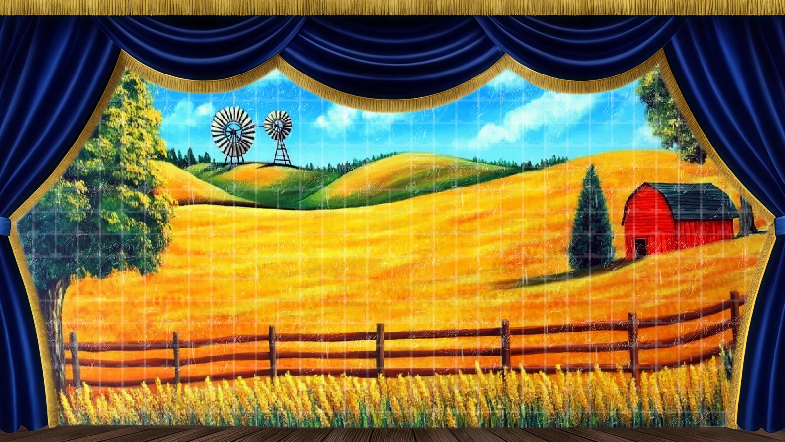 Golden farmland backdrop with hills and fence, ideal for Footloose rural scenes. Digital stage backdrop for HD projection, virtual scenery, and theatrical use.