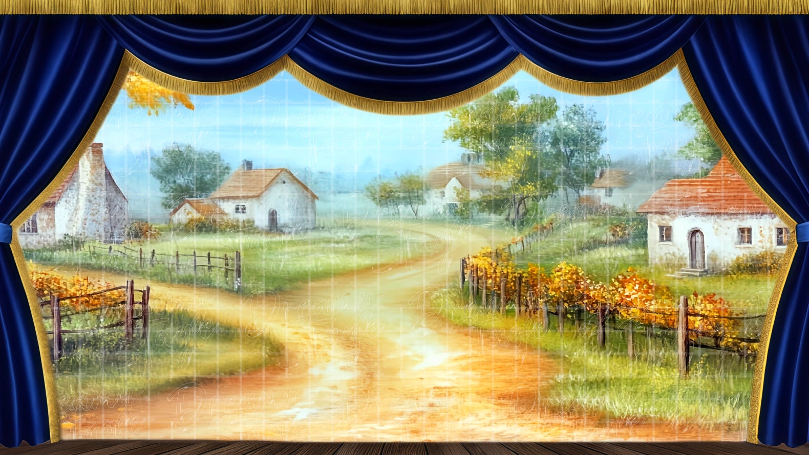 Pastoral countryside village road backdrop for ballet production
