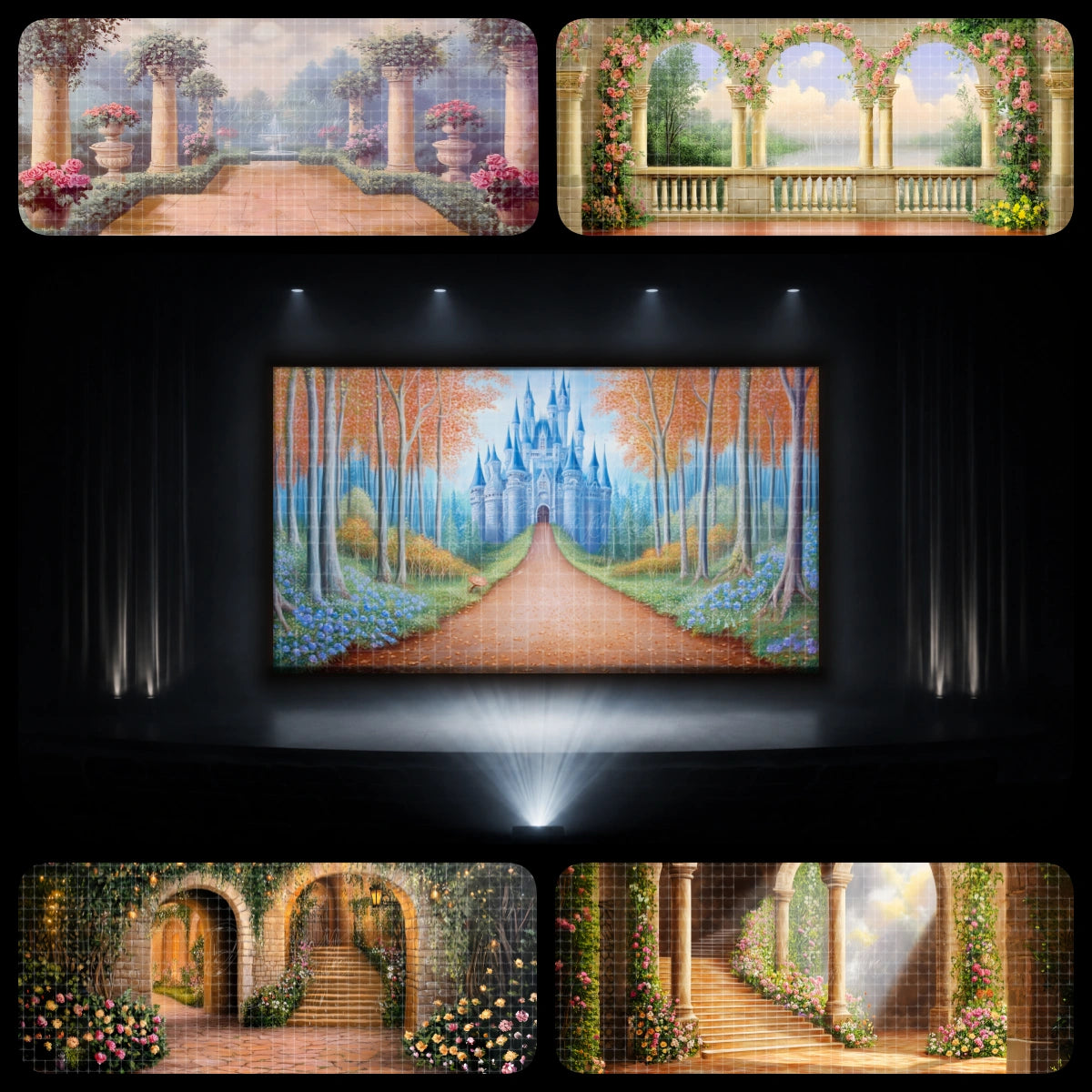 Royal garden path dance recital bundle featuring a castle road, floral arches, palace stairs, meadow path, and flower garden scenery for fairytale dance shows, ballet recitals, and princess stage themes.
