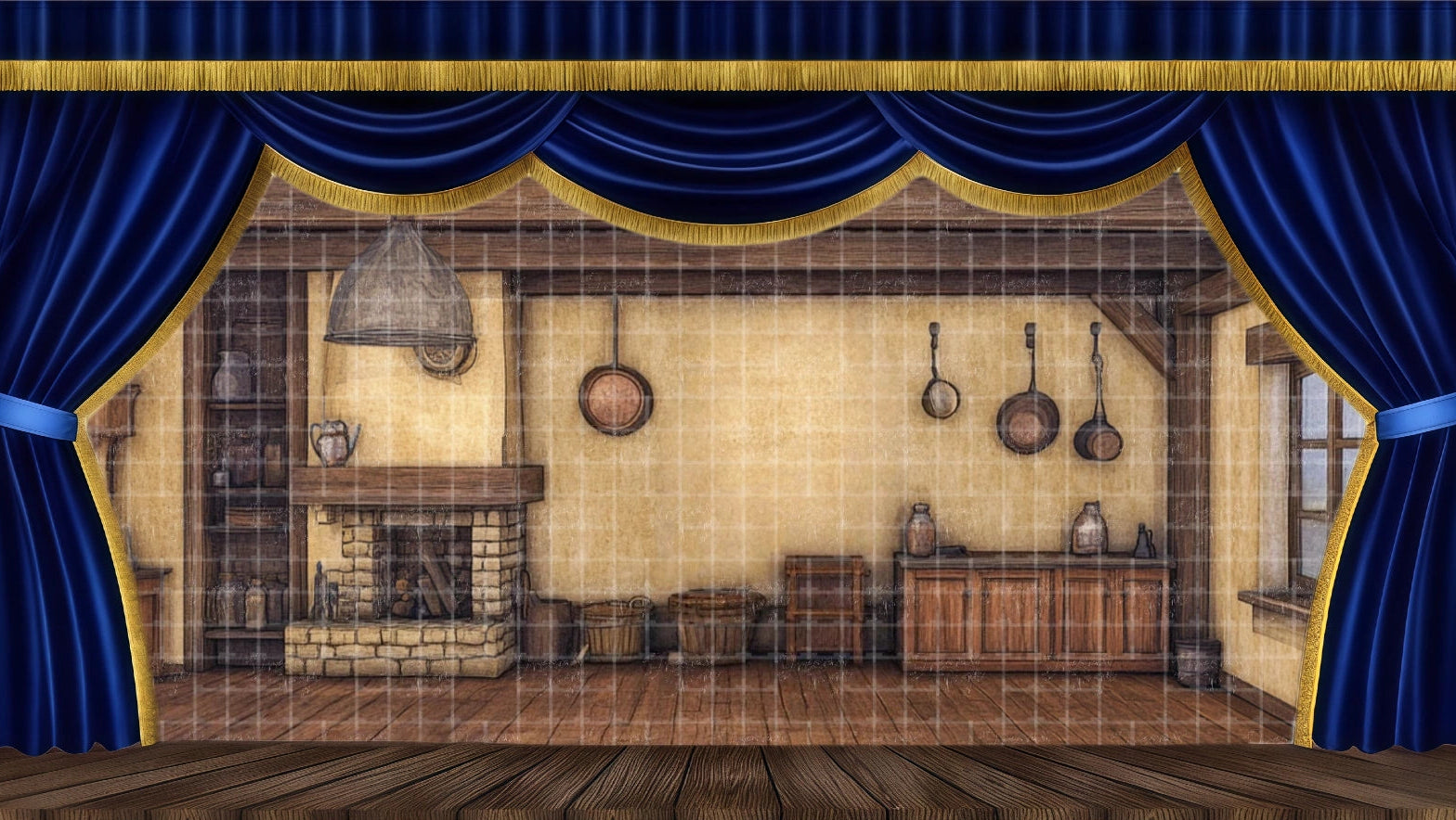 Warm, rustic Victorian cottage kitchen theatrical backdrop with wooden beams and a brick fireplace. Perfect Cratchit family home scenery for A Christmas Carol Act 2 scenes.