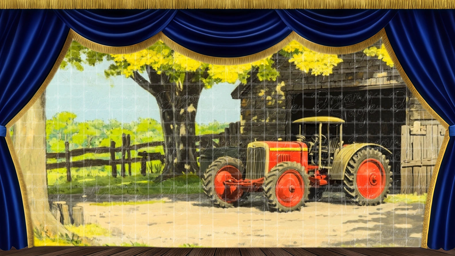 Rustic farm barn backdrop with tractor, ideal for Footloose countryside scenes. Digital stage backdrop for HD projection, virtual scenery, and theatrical use.